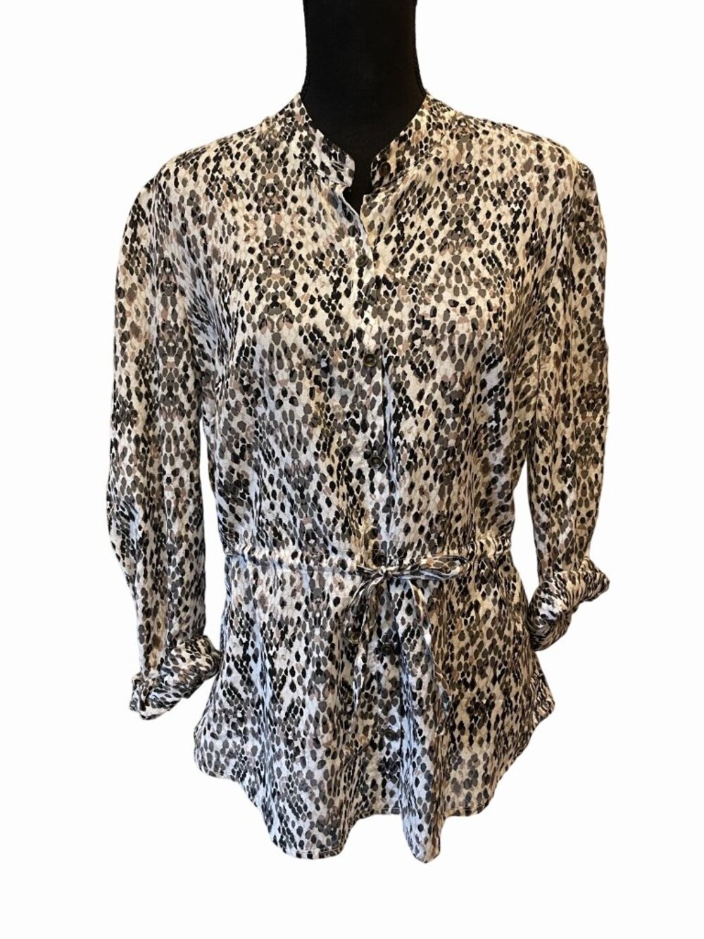 Merona Medium Neutral Ikat Print Blouse Mandarin Collar Roll Tab Sleeve Shacket